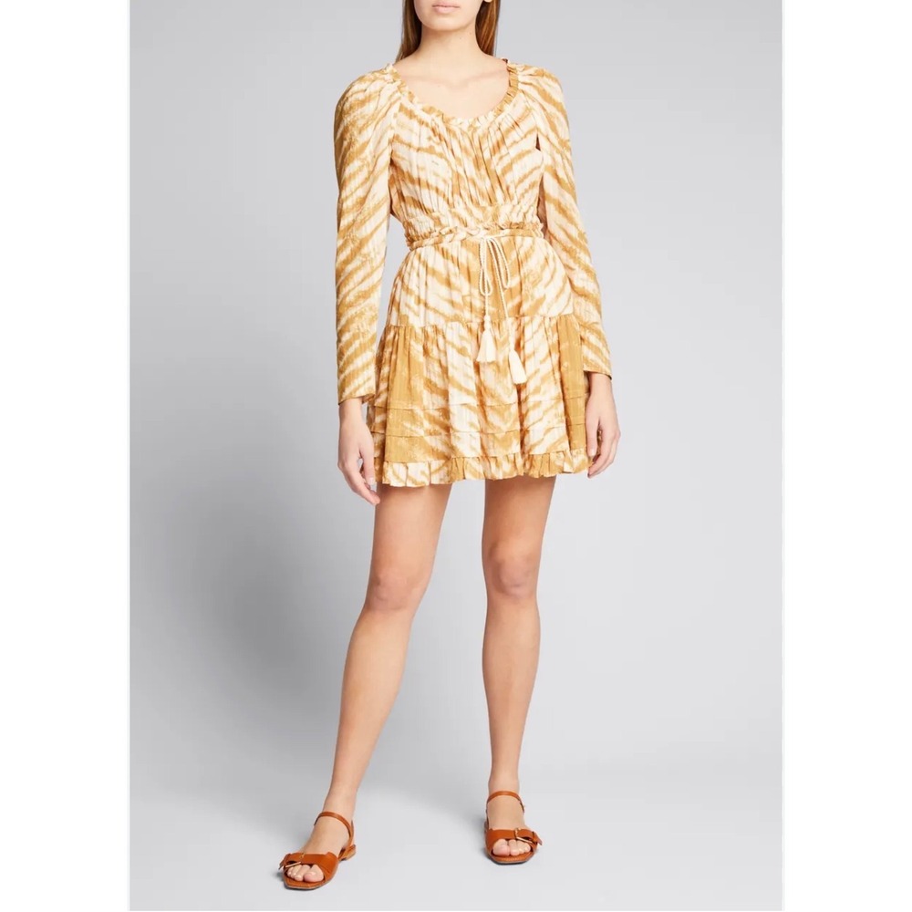 ULLA JOHNSON Naiara Brown Sand Ruffle‎ Trim Mini Dress Sz 00 Long Sleeve Tiered